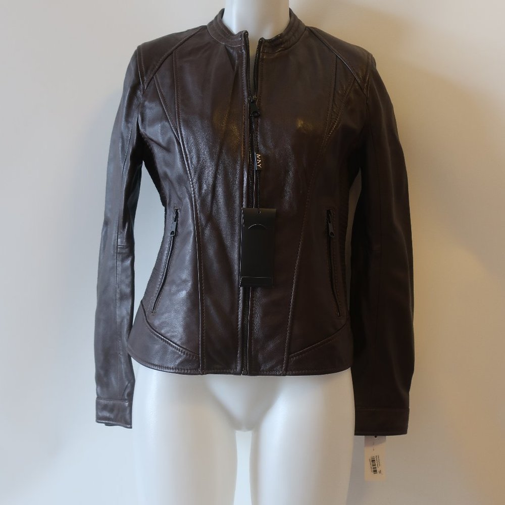 NWT Womens Marc New York Randy Brown Full Zip Leather Jacket L *